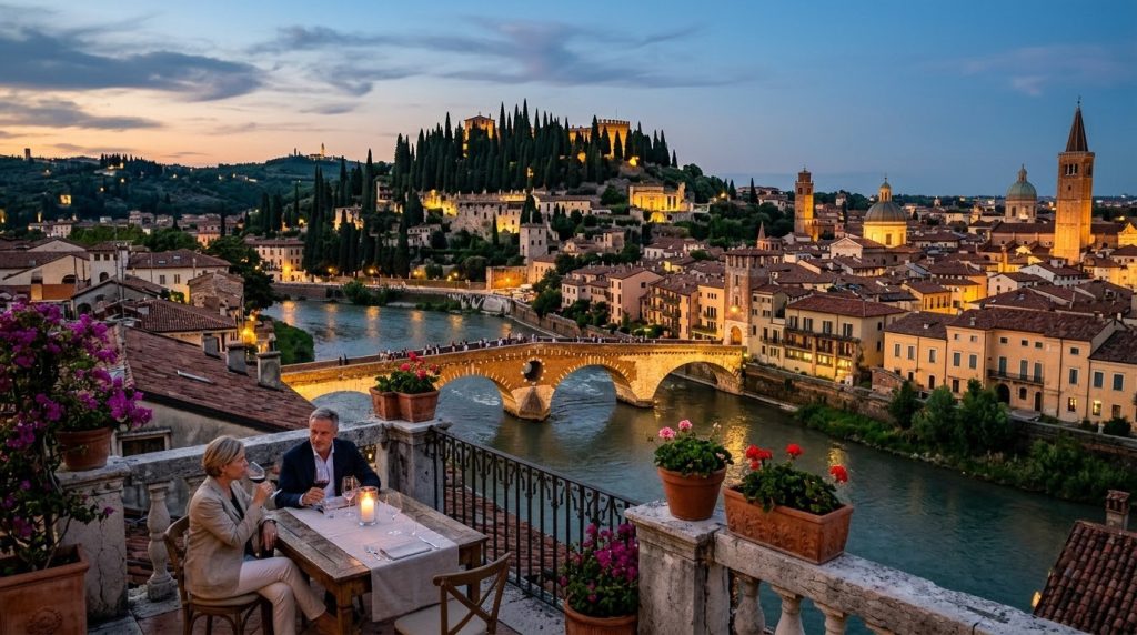 Hotel terrace overlooking Ponte Pietra and the Adige River in Verona at dusk