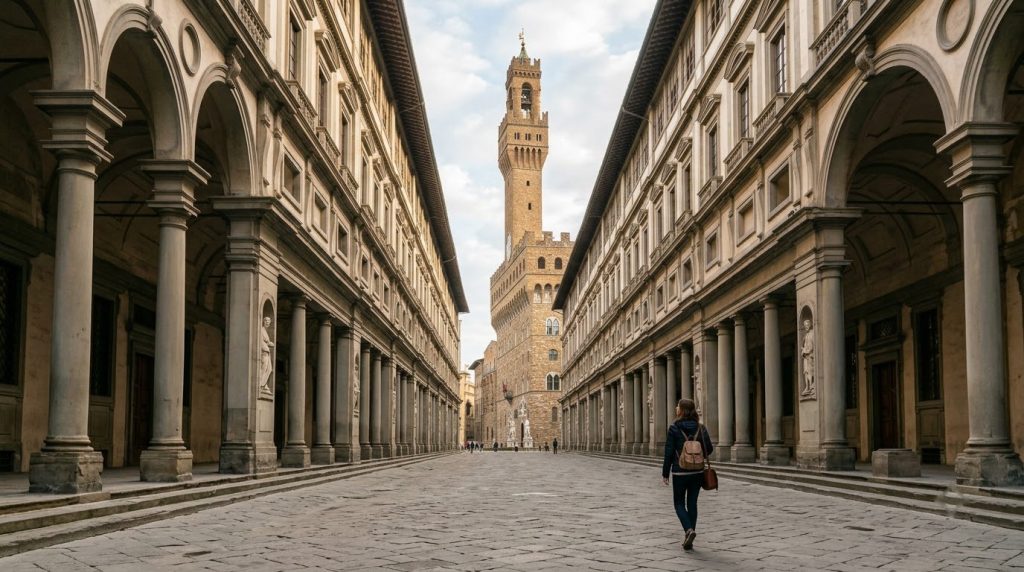 Uffizi courtyard colonnades leading to Palazzo Vecchio tower in Florence