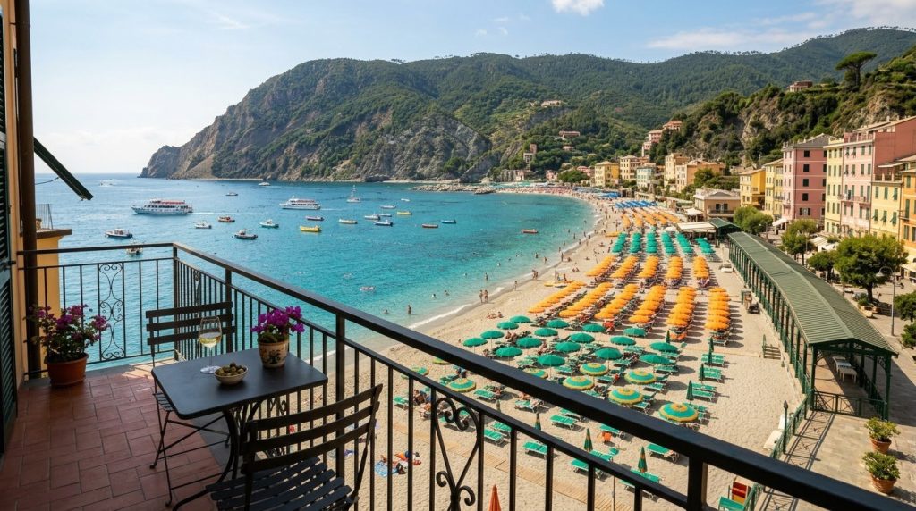 Guesthouse balcony overlooking the umbrella-lined beach of Monterosso, Cinque Terre