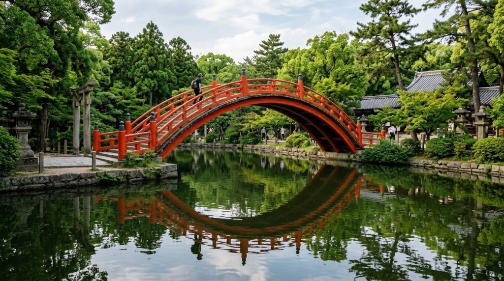 Red arched Sorihashi bridge at Sumiyoshi Taisha shrine in Osaka