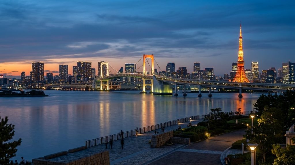 Rainbow Bridge and Tokyo Tower over Tokyo Bay at dusk from Odaiba