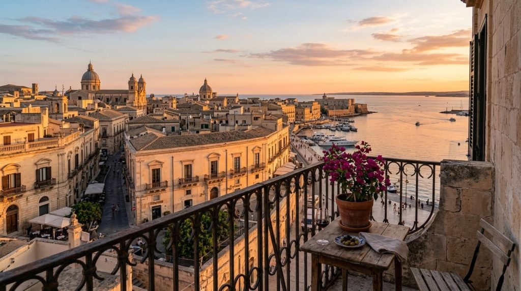 Hotel balcony overlooking the sea and baroque Ortigia in Syracuse, Sicily