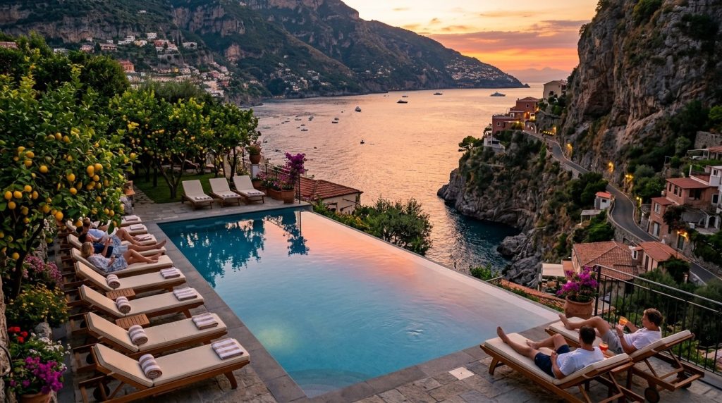 Clifftop hotel infinity pool overlooking the Amalfi Coast at sunset in Praiano