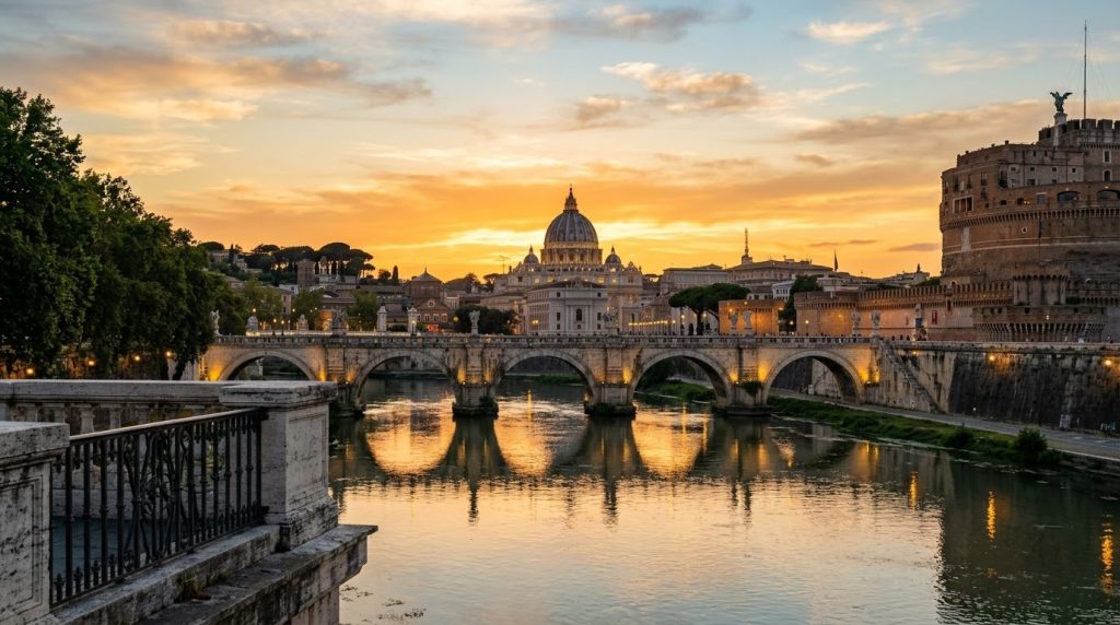 St Peter's Basilica dome and the Tiber River at sunset in Rome
