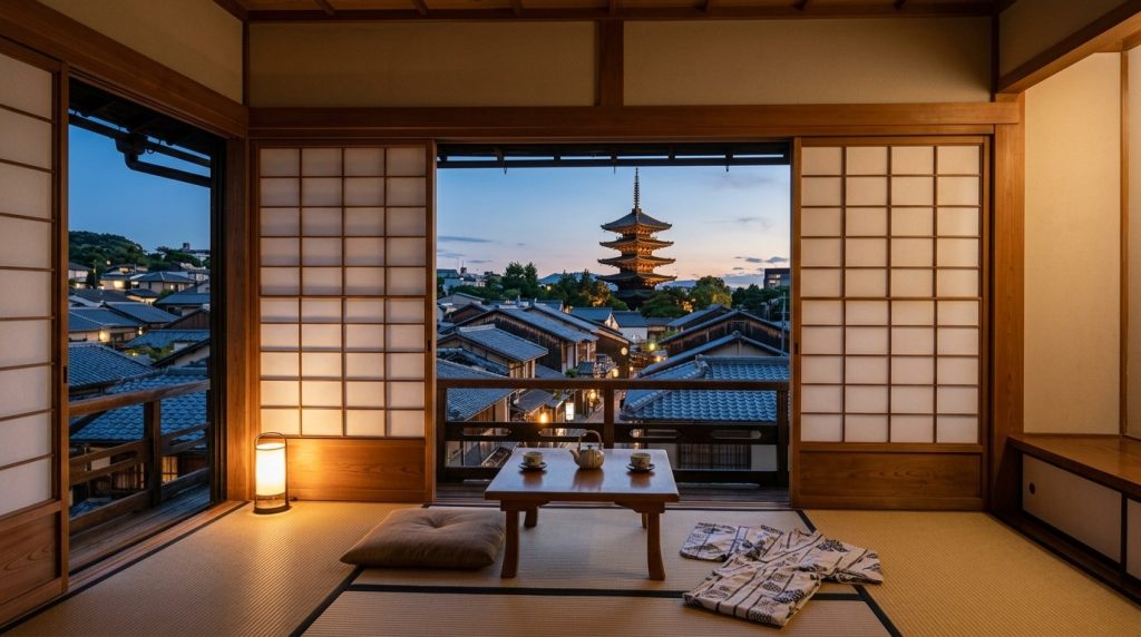 Ryokan room view of Yasaka Pagoda over rooftops at dusk in Kyoto