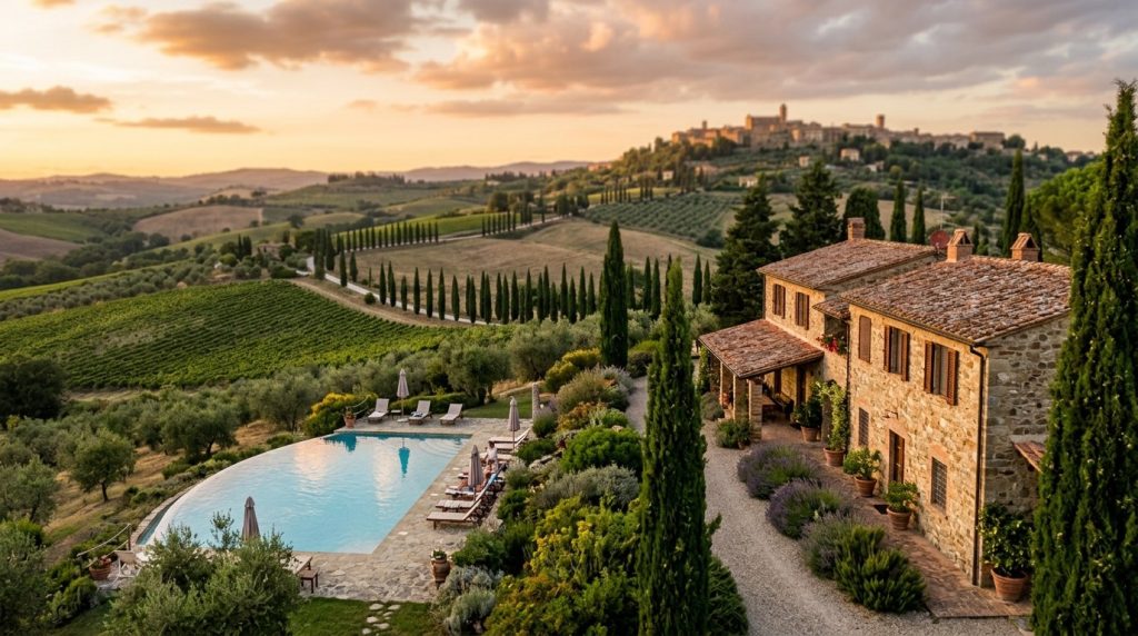 Stone villa pool overlooking cypress hills near Montepulciano, Tuscany