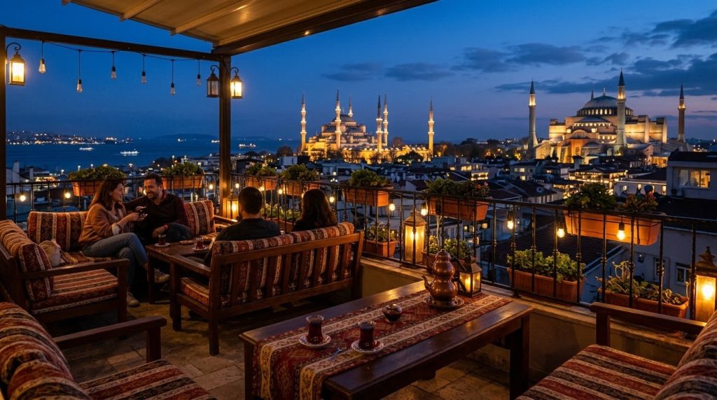 Hotel rooftop terrace in Sultanahmet, Istanbul, facing the Blue Mosque at dusk