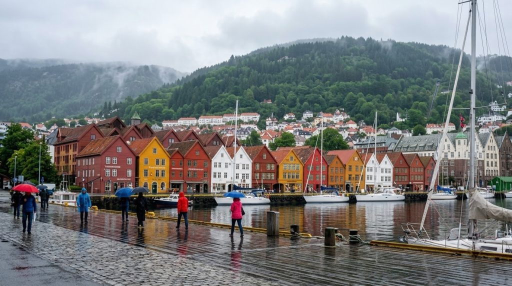 Colourful wooden houses of Bryggen wharf on Bergen harbour in soft rain