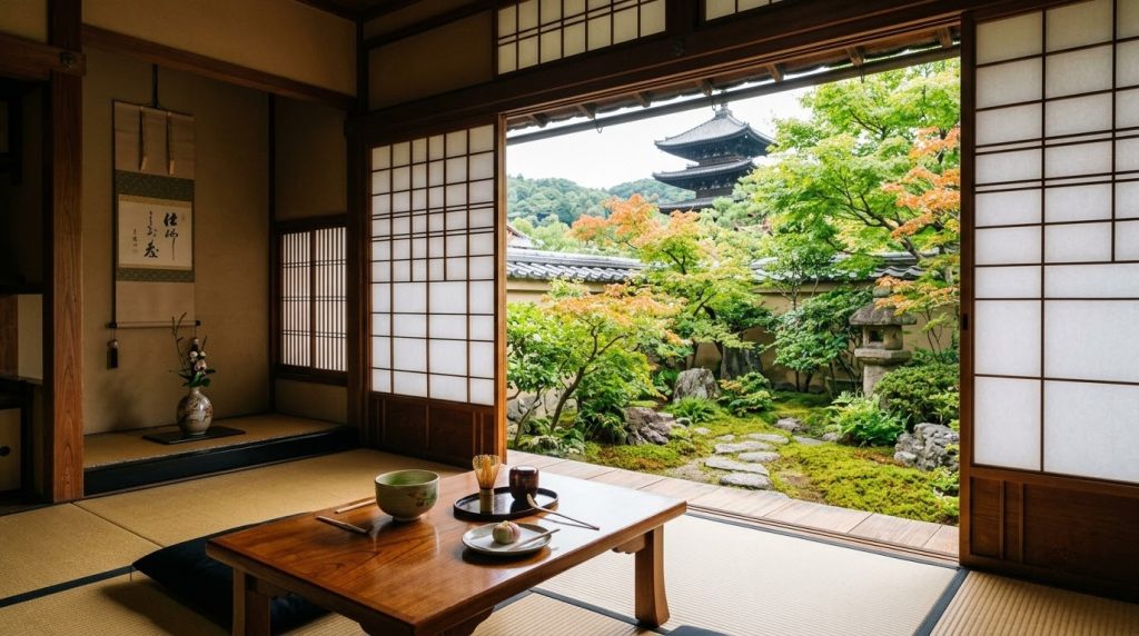 Traditional Kyoto ryokan room with tatami and a moss garden view