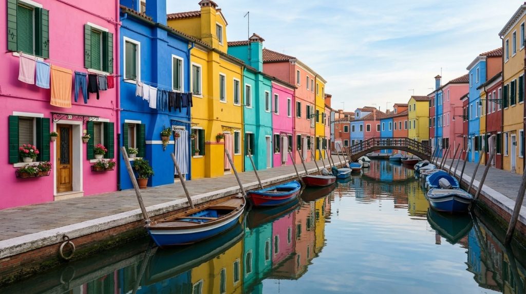 Colourful painted houses along a quiet canal on Burano island near Venice