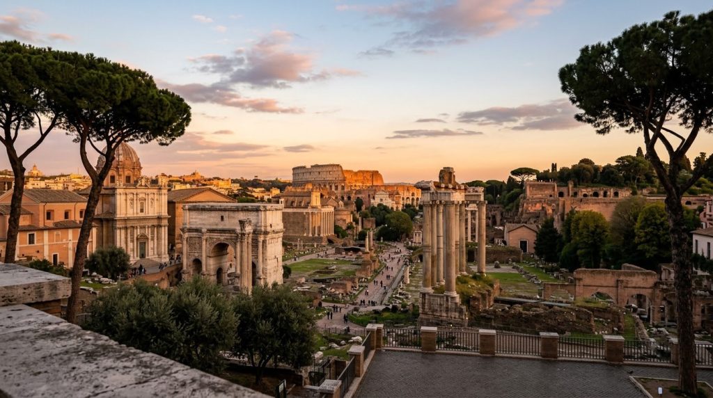 The Roman Forum ruins at golden hour with the Colosseum in the distance
