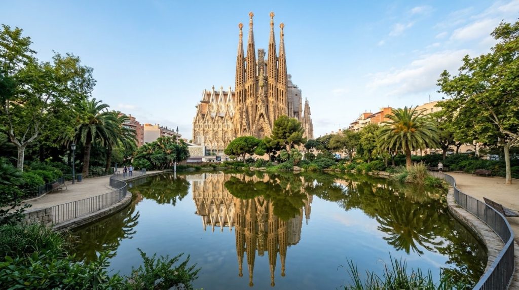 Sagrada Familia towers reflected in the pond at Placa de Gaudi, Barcelona