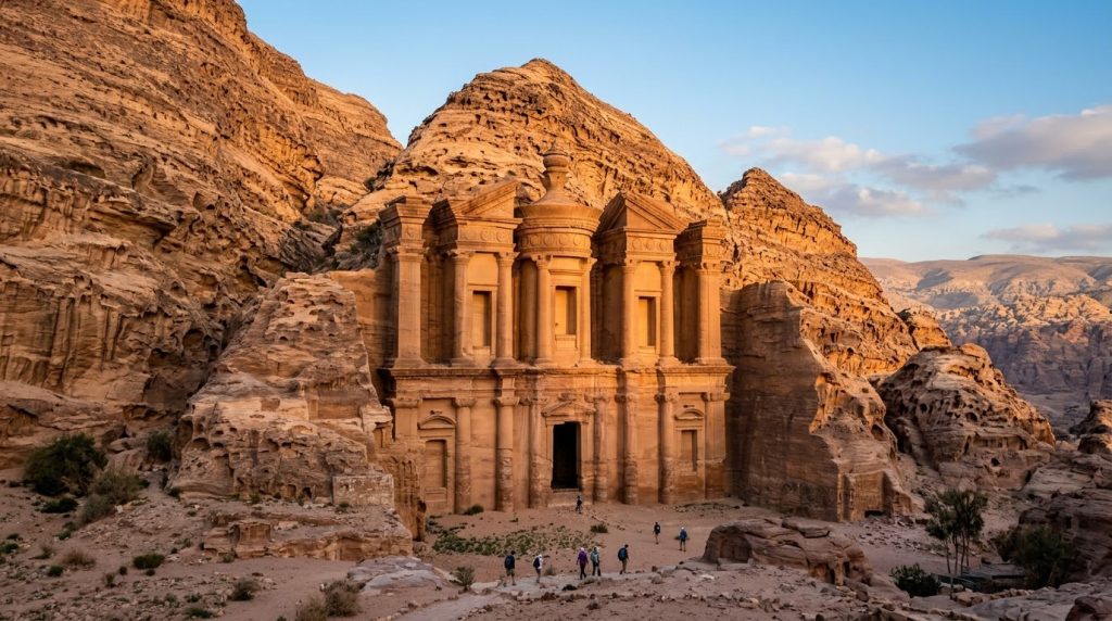 The Monastery at Petra, Jordan, glowing in late afternoon light