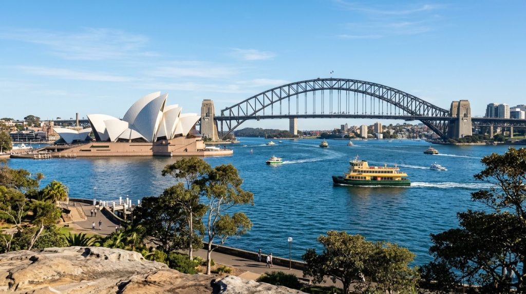 Sydney Opera House and Harbour Bridge viewed across the harbour