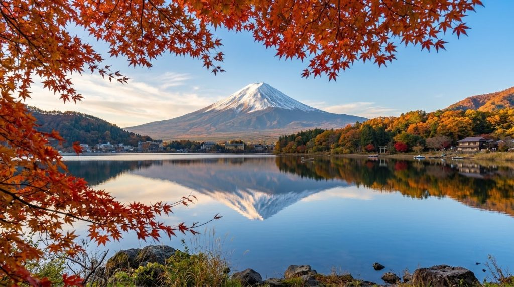Mount Fuji reflected in Lake Kawaguchiko with autumn maples