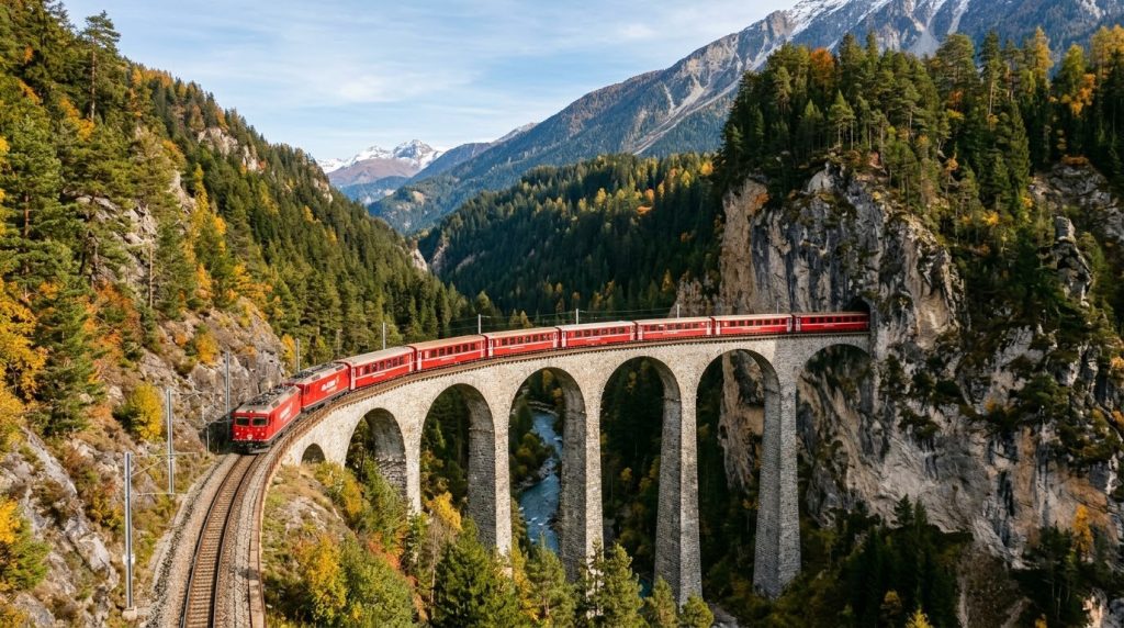 Glacier Express crossing the Landwasser Viaduct in the Swiss Alps