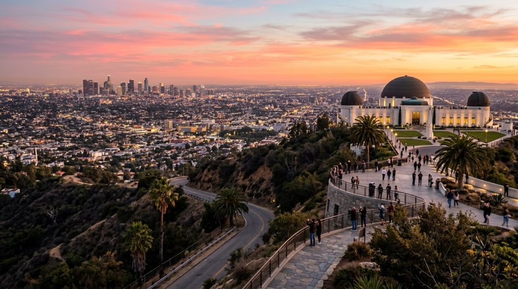 Griffith Observatory and downtown Los Angeles skyline at sunset
