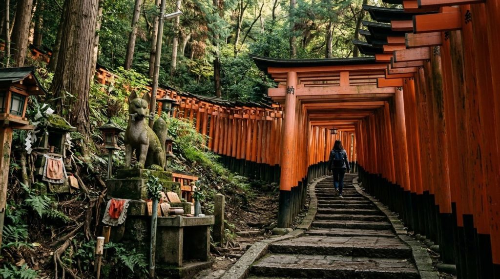 Vermilion torii gate tunnel at Fushimi Inari shrine in Kyoto, Japan