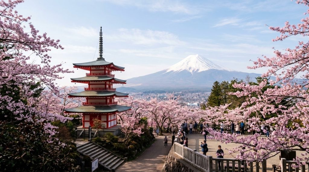 Chureito Pagoda with Mount Fuji and cherry blossoms, a day trip from Tokyo