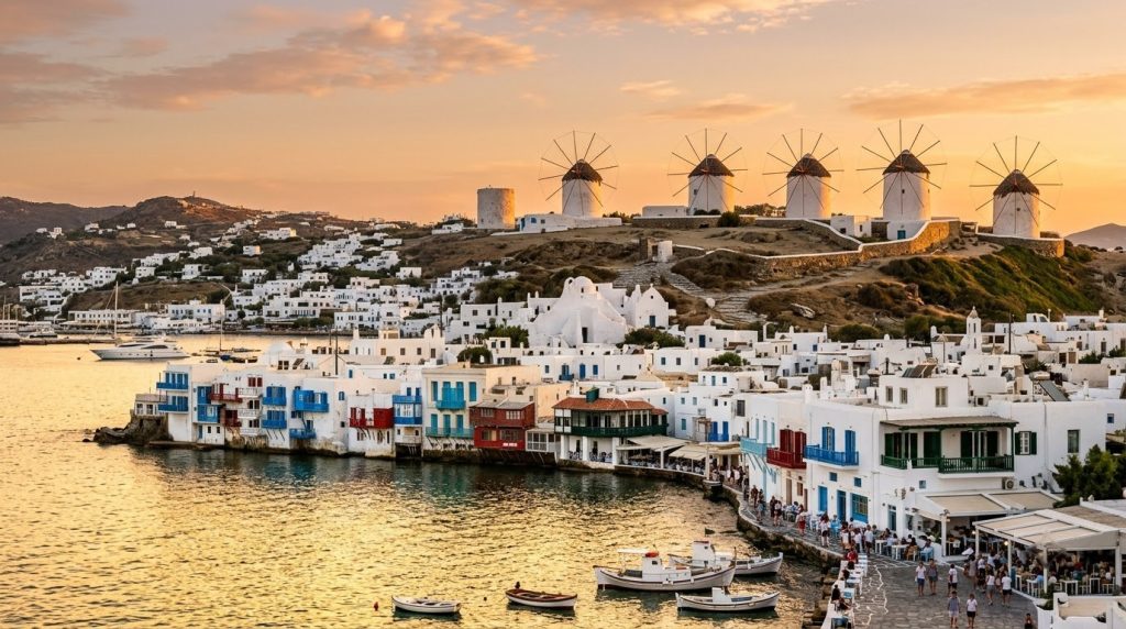 Windmills of Mykonos above the Aegean Sea at sunset