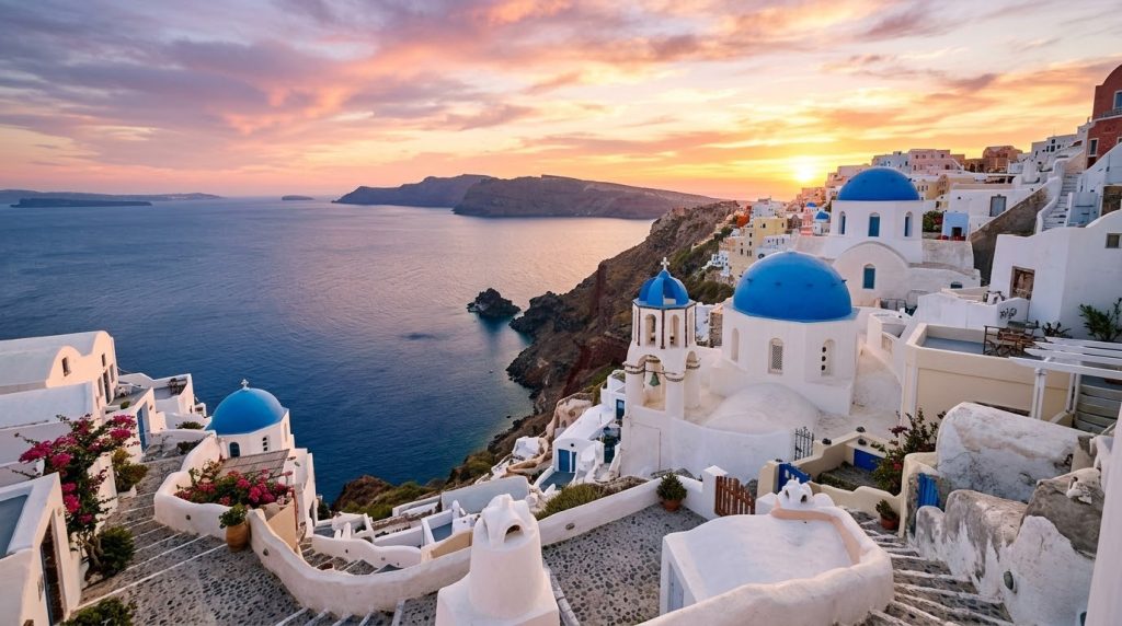 Blue domes of Oia overlooking the Santorini caldera at sunset
