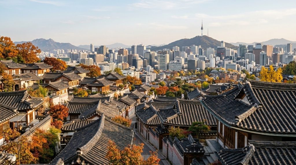 Bukchon Hanok Village rooftops with the Seoul skyline behind