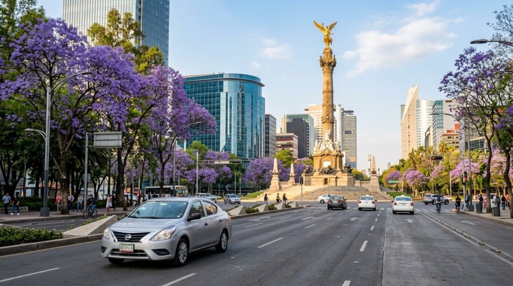 Car driving on Paseo de la Reforma past the Angel of Independence, Mexico City