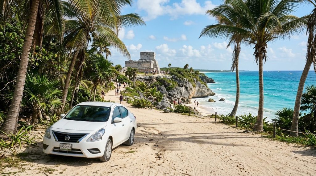 Rental car on a coastal road near the Tulum ruins and Caribbean Sea