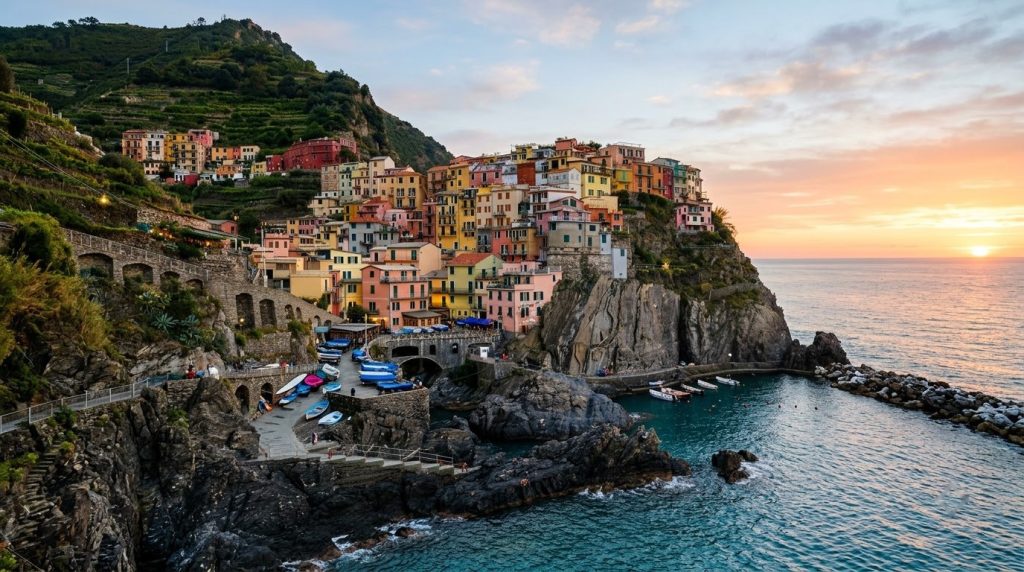 Colourful Manarola in the Cinque Terre at sunset