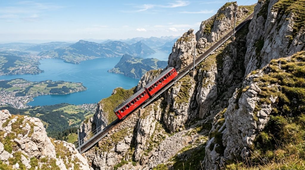 Red cogwheel railway climbing Mount Pilatus above Lake Lucerne