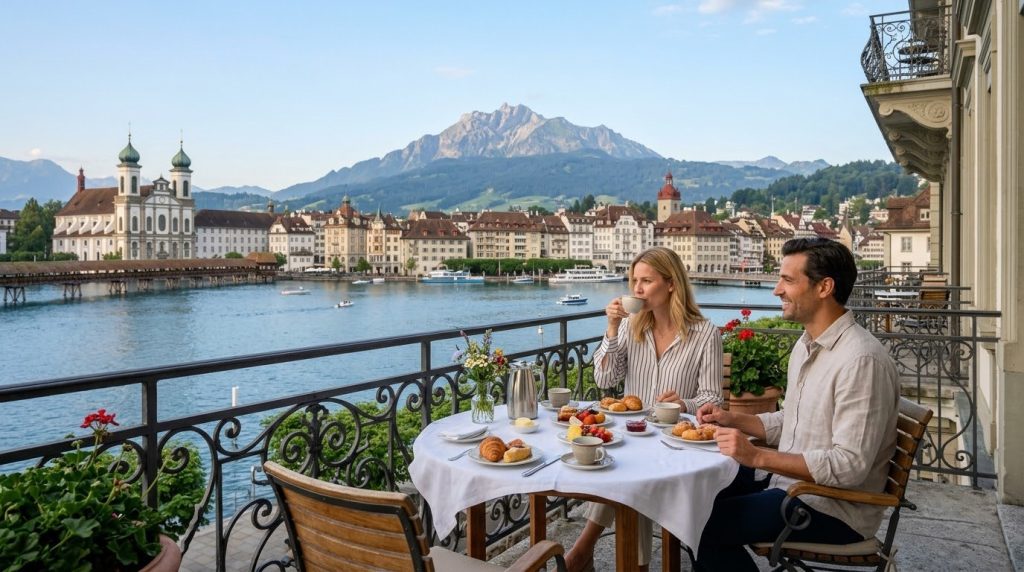 Lakeside hotel balcony in Lucerne overlooking the lake and Mount Pilatus