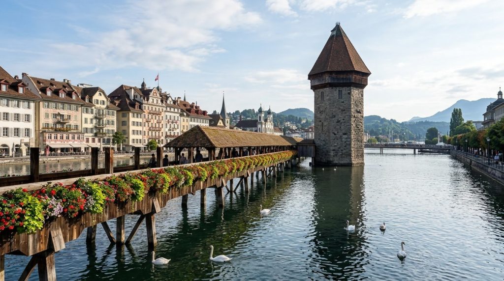 Chapel Bridge and Water Tower over the Reuss River in Lucerne