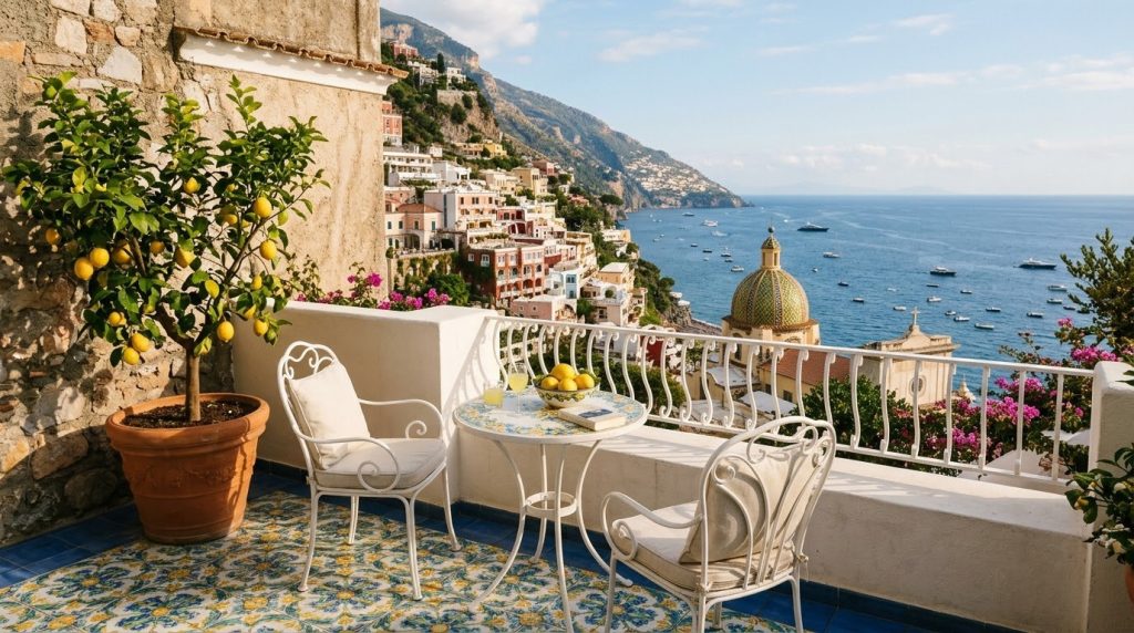 Hotel balcony with majolica tiles overlooking Positano and the sea