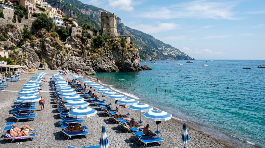 Fornillo beach with sunbeds and clear water in Positano, Italy