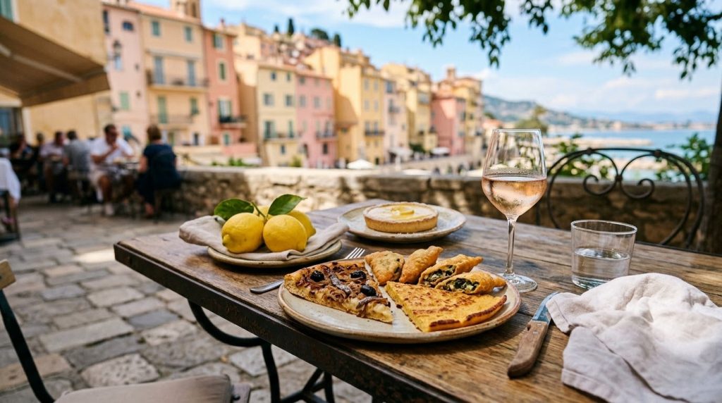 Riviera dishes and lemon tart on a cafe table in Menton