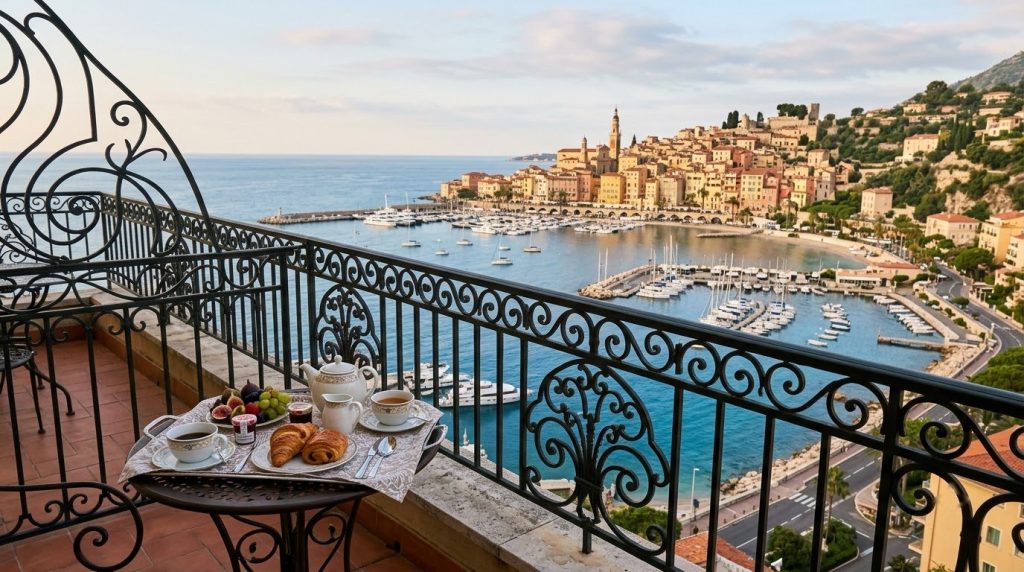 Hotel balcony overlooking Garavan bay and the old town of Menton