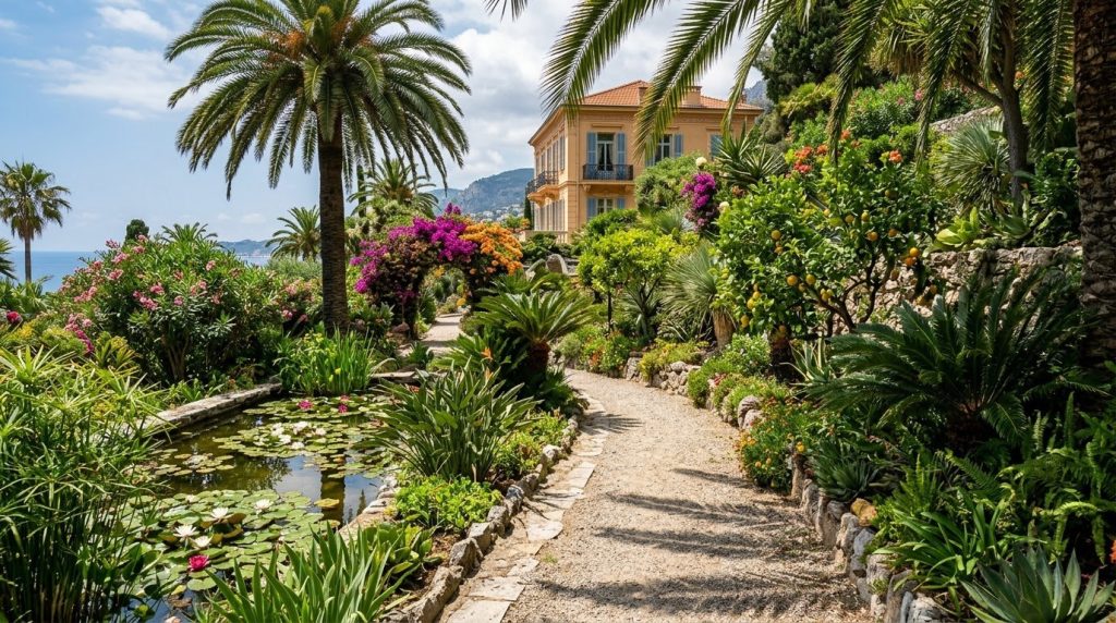Lush paths and lily pond in the Val Rahmeh garden in Menton