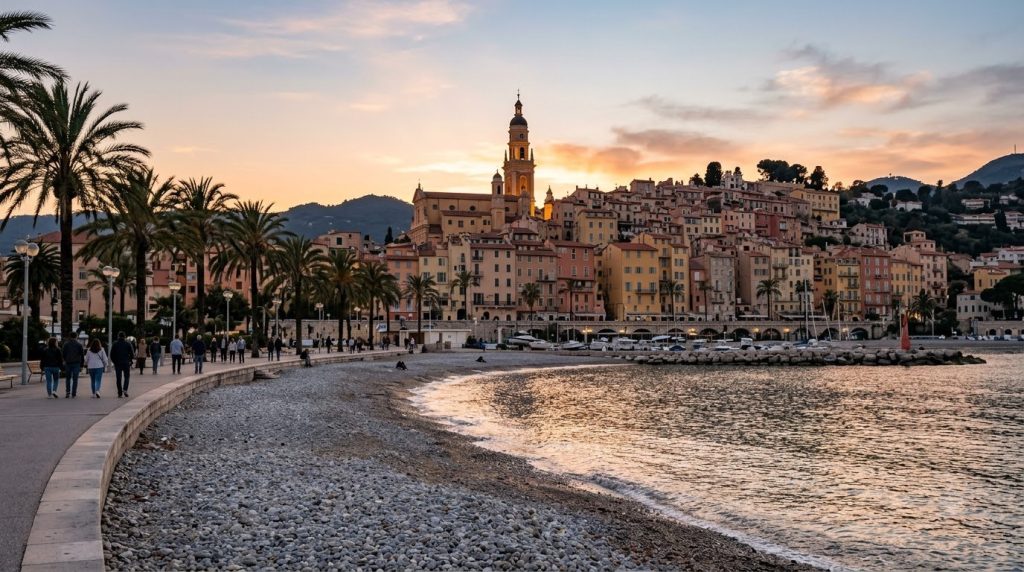 Palm-lined seafront promenade and old town of Menton at sunset