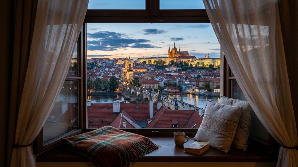 Prague hotel window view of Charles Bridge and Prague Castle
