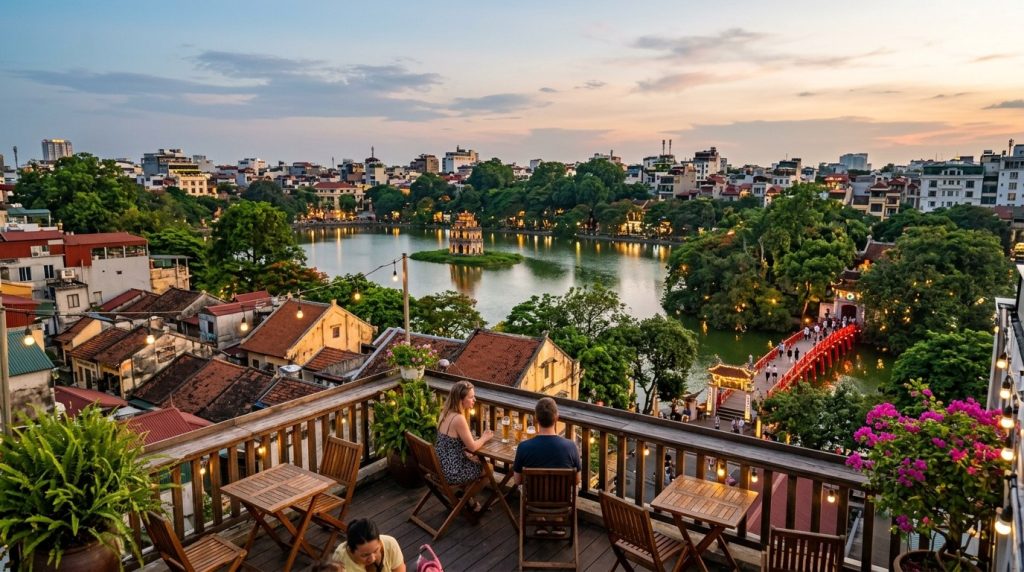 Hotel rooftop terrace overlooking Hoan Kiem Lake in Hanoi