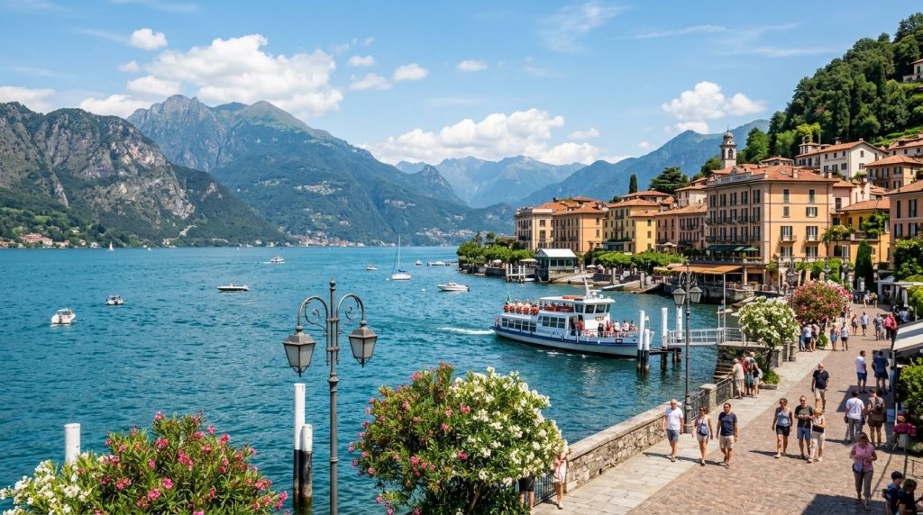 Bellagio lakefront with pastel villas on Lake Como, Italy