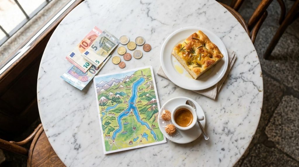 Euros, Lake Como map and focaccia for planning a budget trip