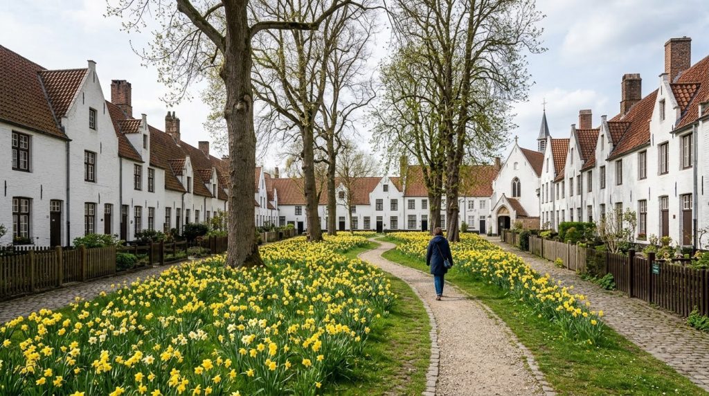 Whitewashed houses and spring daffodils at the Begijnhof in Bruges