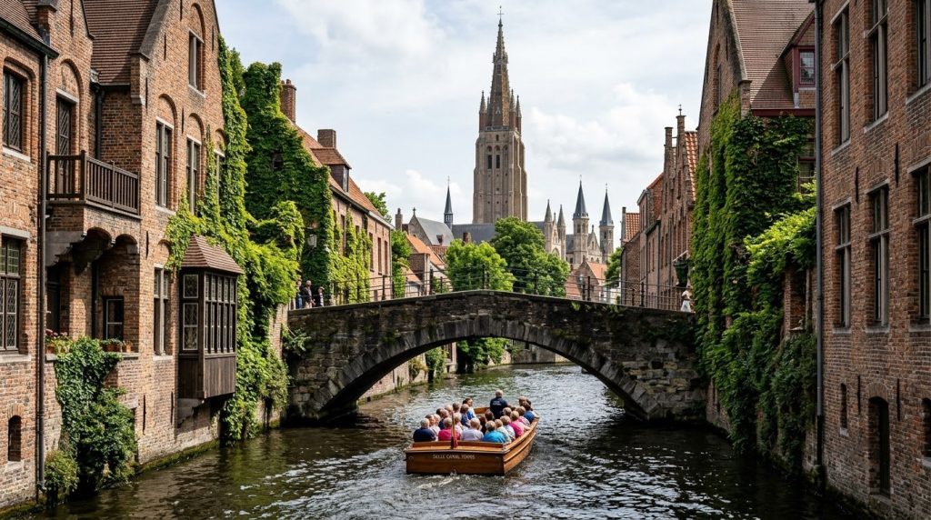 Canal boat tour passing under a stone bridge in Bruges