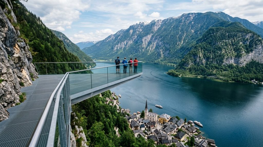 Skywalk platform above Hallstatt and its lake in Austria