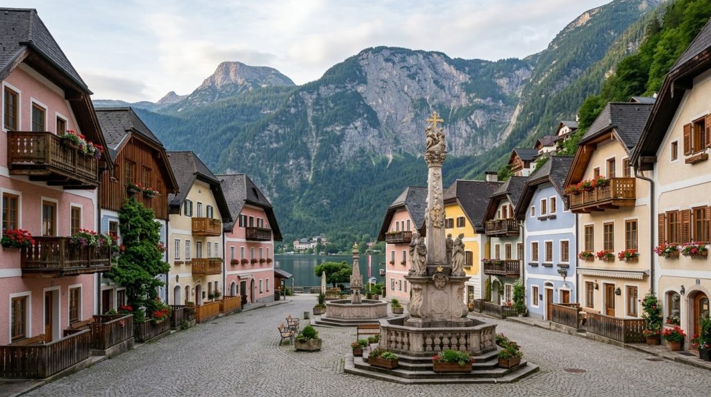 Pastel houses around the market square in Hallstatt, Austria