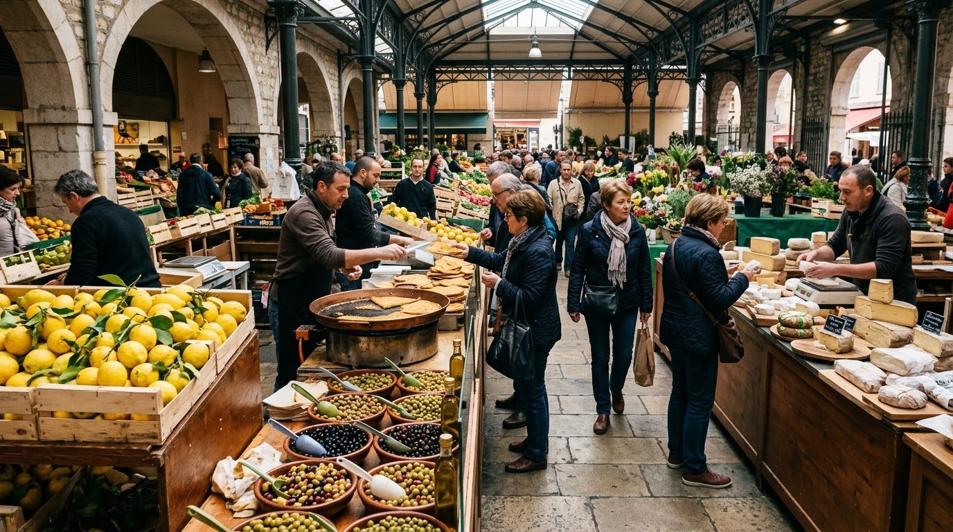 Lemons, olives and socca at the covered market in Menton