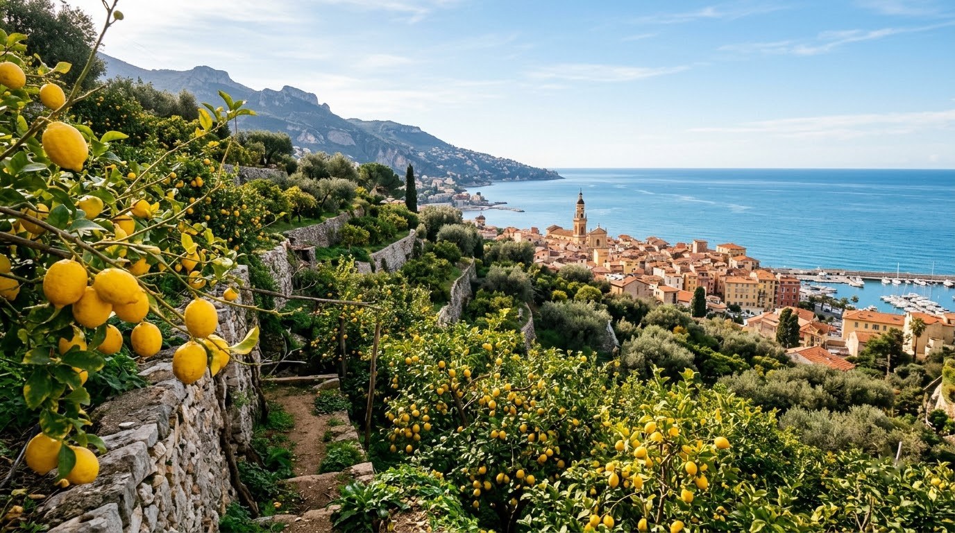 Terraced lemon grove above Menton old town and the Mediterranean