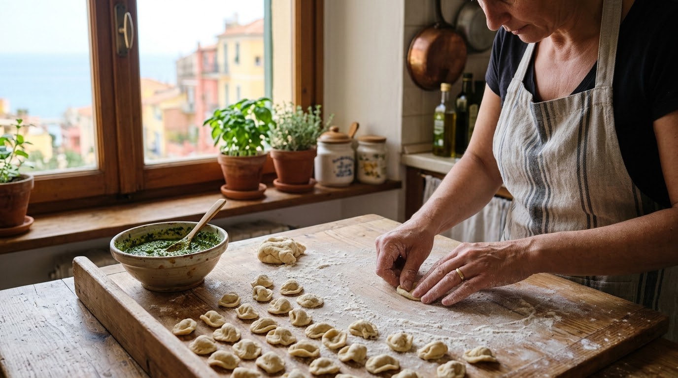 Handmade sugelli pasta on a floured board in a Menton kitchen
