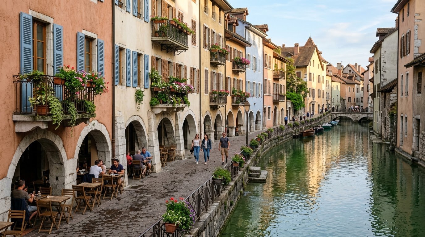 Cobbled canal-side lane with pastel houses in Annecy old town